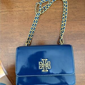 Tory Burch Blue and Gold Crossbody Bag with Chain Straps